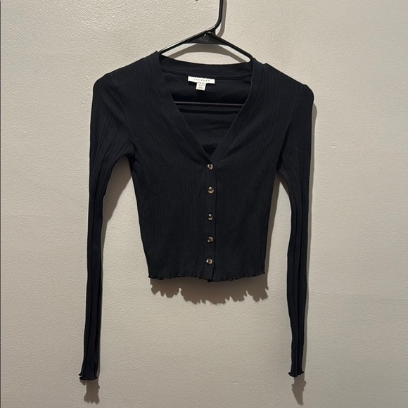 Topshop XS Black Long Sleeve Button-Up Cropped Top - Picture 9 of 9